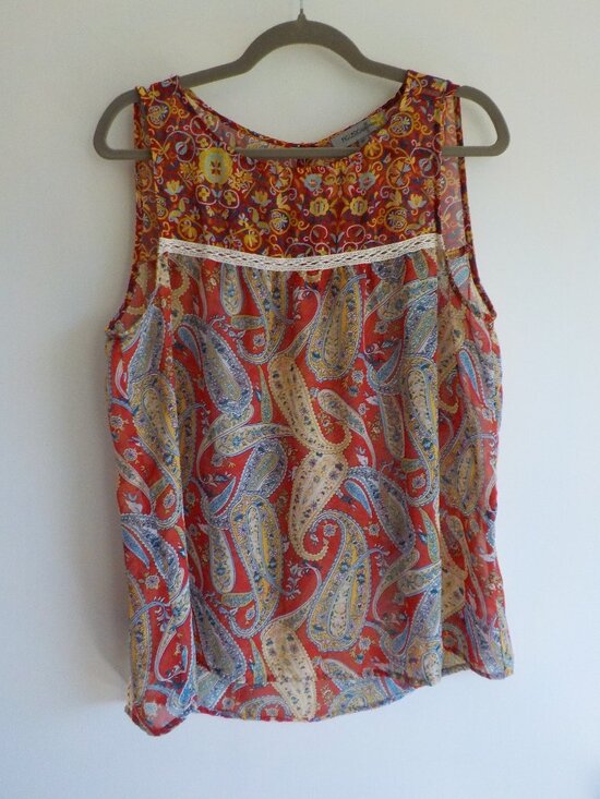 fig and flower Tops - Fig Flower Blouse Tunic Coverup - X-Large - Paisley Sleeveless Sheer Boho (849)